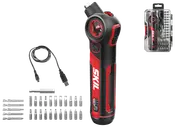SKIL ledningsfri vinkelskruetrækker med USB-opladerkabel, bitsæt og opbevaringskasse, vist i sort og rød med kompakt ergonomisk greb.