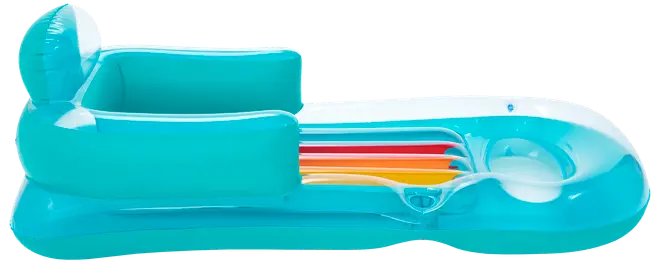 Oppustelig pool-flyder med turkis ryglæn, flerfarvet stribet sæde og indbygget kopholder. Perfekt til afslapning i vandet for voksne eller større børn.