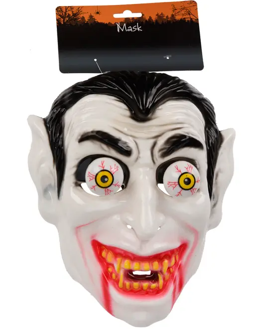 Plastmask för Halloween med spetsiga öron och svart hår, utformad som en klassisk vampyr. Passar till maskerader eller bus-eller-godis. En storlek passar de flesta.