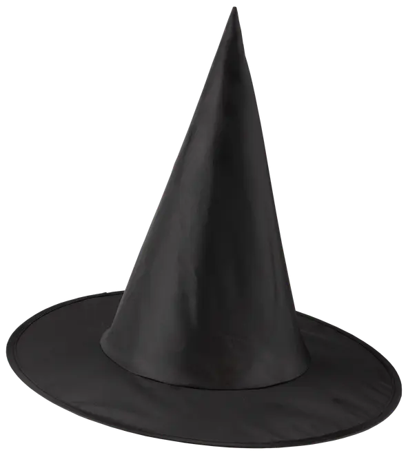 Svart häxhatt med hög, spetsig topp och bred brätte. Tillverkad av slätt tyg, perfekt för Halloween eller maskerader. Klassisk design som passar de flesta huvudstorlekar.