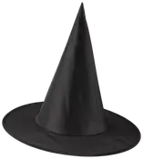 Svart häxhatt med hög, spetsig topp och bred brätte. Tillverkad av slätt tyg, perfekt för Halloween eller maskerader. Klassisk design som passar de flesta huvudstorlekar.