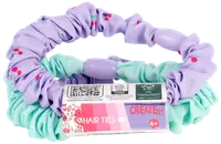 Sæt med to stofhårelastikker: én mintgrøn, én lilla med lyserøde prikker, begge med plastikperler. Velegnet til børn fra 6 år. Leveres med farverig etiket.
