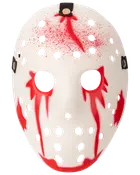 Vit hockeymask med röda målade detaljer, ventilationshål och svarta remmar på sidorna. Masken har en skräckinspirerad, sliten design, perfekt för maskerader eller temafester.