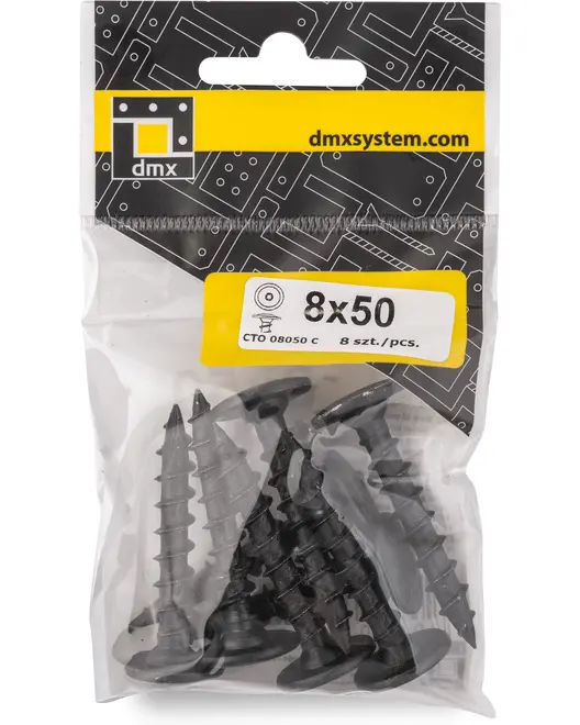 Pakke med 8 sorte plastvægplugs, størrelse 8x50 mm, egnet til montering af skruer i gipsvæg. Leveres i genlukkelig pose med produktmærkat og branding.