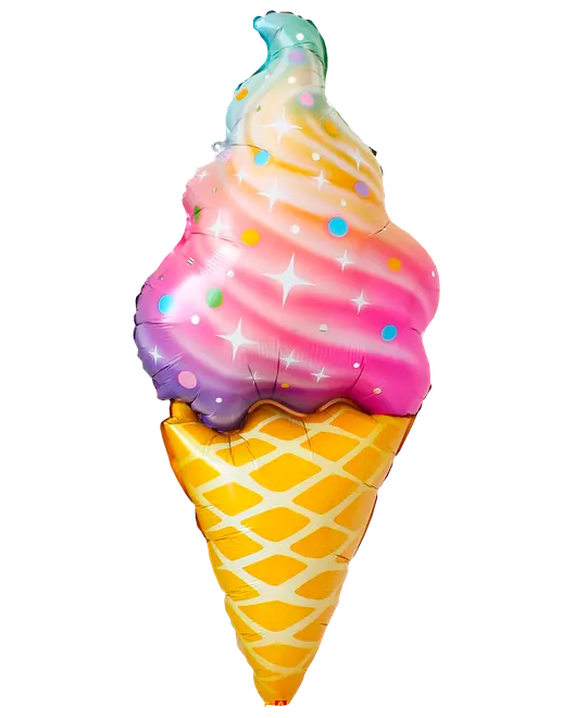 Folieballon formet som isvaffel med regnbuestribet softice, glimmer, pastelfarvede drys og gul vaffelvaffeldesign.