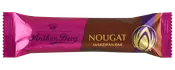 Anthon Berg nougat marcipanbar i pink og brun emballage med gulddetaljer.