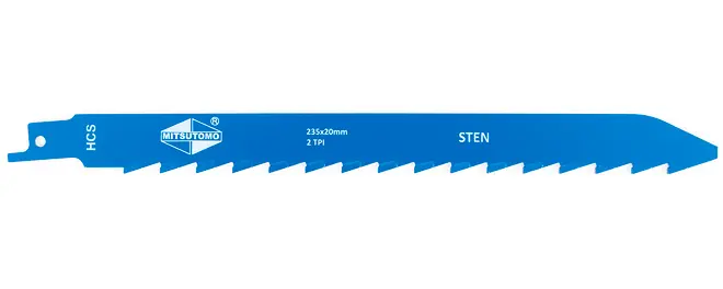 Blå HCS-sågklinga för sten, 235 x 20 mm, 2 TPI, med grova tänder och Mitsutomo-märkning.