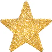 Guld stjerneornament i trådnetsdesign med tekstureret, åben vævning og ophængsløkke, velegnet til festlig dekoration.