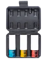 Set med tre Mitsutomo hjulmuttersocklar i svart plastfodral. Varje sockel är färgkodad (blå, gul, röd) och märkt med storlekarna 17mm, 19mm, 21mm.