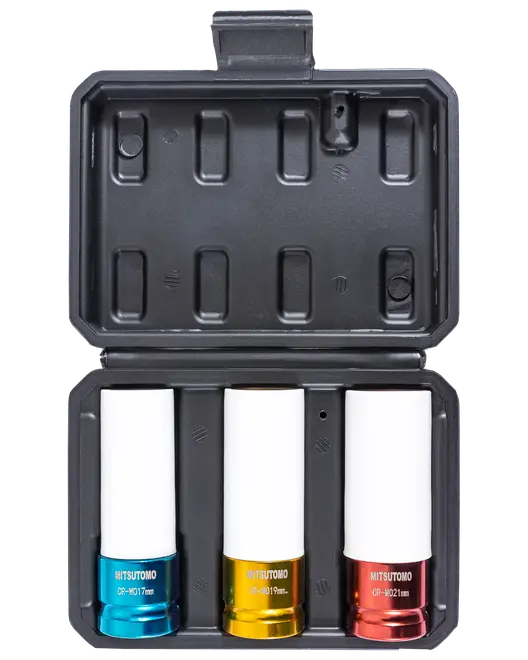 Sæt med tre Mitsutomo hjulmøtriknøgler i sort plastkasse. Hver nøgle er farvekodet (blå, gul, rød) og mærket med størrelserne 17mm, 19mm og 21mm.