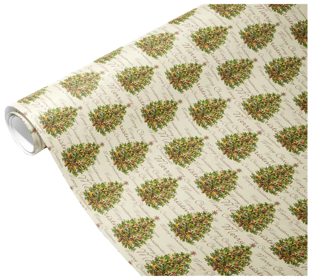 Rulle med gräddfärgat julklappspapper, upprepat mönster av dekorerade julgranar och texten "Merry Christmas" i elegant stil, perfekt för presentinslagning.