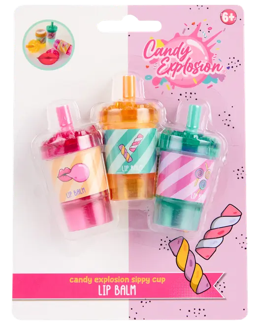Sæt med tre læbepomader med sliktema i kopformede beholdere, hver med farverige designs og smage. Velegnet til børn fra 6 år. Sjov, samlerpakning.