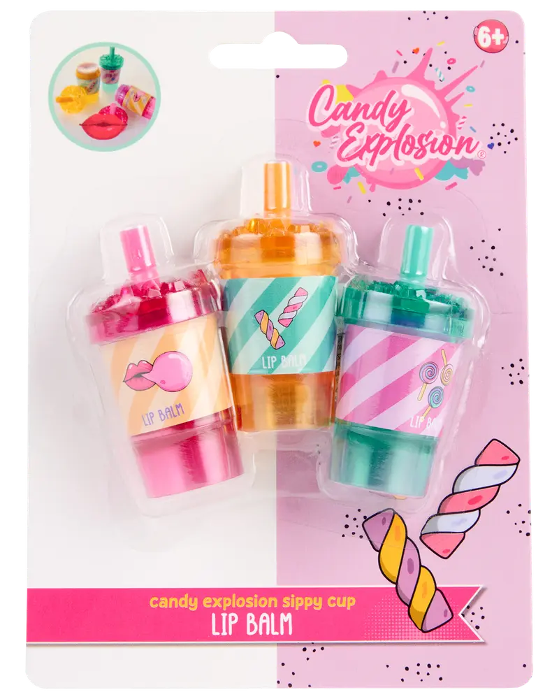 Sæt med tre læbepomader med sliktema i kopformede beholdere, hver med farverige designs og smage. Velegnet til børn fra 6 år. Sjov, samlerpakning.
