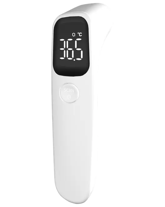 Hvid digital infrarød termometer med sort display, der viser 36,5°C. Har en rund scan-knap under skærmen. Elegant, moderne og brugervenligt design.