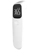 Hvid digital infrarød termometer med sort display, der viser 36,5°C. Har en rund scan-knap under skærmen. Elegant, moderne og brugervenligt design.