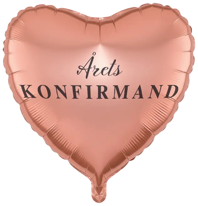 Hjärformad, metallic roséguldfärgad ballong med svart text "Årets Konfirmand". Passar till konfirmationsfirande, blank yta och elegant design.