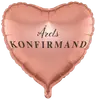 Hjerteformet, metallic rosaguld ballon med teksten "Å soprets Konfirmand" i sort. Perfekt til konfirmationsfest. Skinnende over90ade og elegant, festligt design.