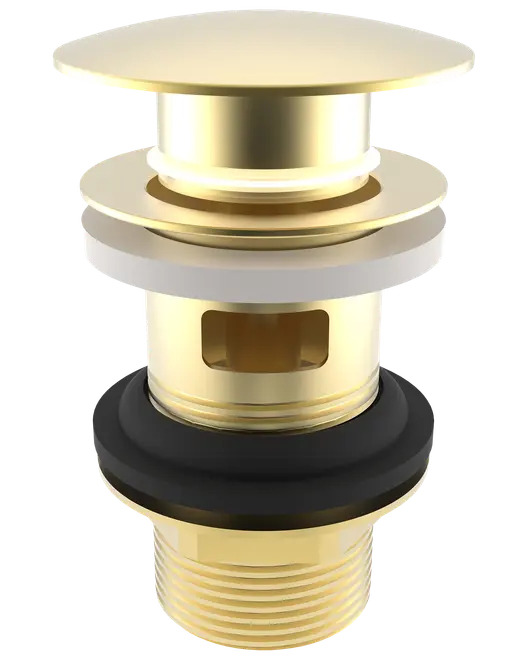 Messing pop-up afløb med overløb, rund flad top, gevindbund og gummipakning. Velegnet til håndvaske, poleret guldfinish for et moderne udseende.