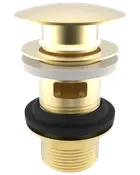 Messing pop-up afløb med overløb, rund flad top, gevindbund og gummipakning. Velegnet til håndvaske, poleret guldfinish for et moderne udseende.