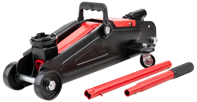 Robust hydraulisk donkraft med sort og rød stålkonstruktion, to store forhjul, drejelige baghjul, løfteplade og aftageligt håndtag til nem løftning og manøvrering af køretøjer.