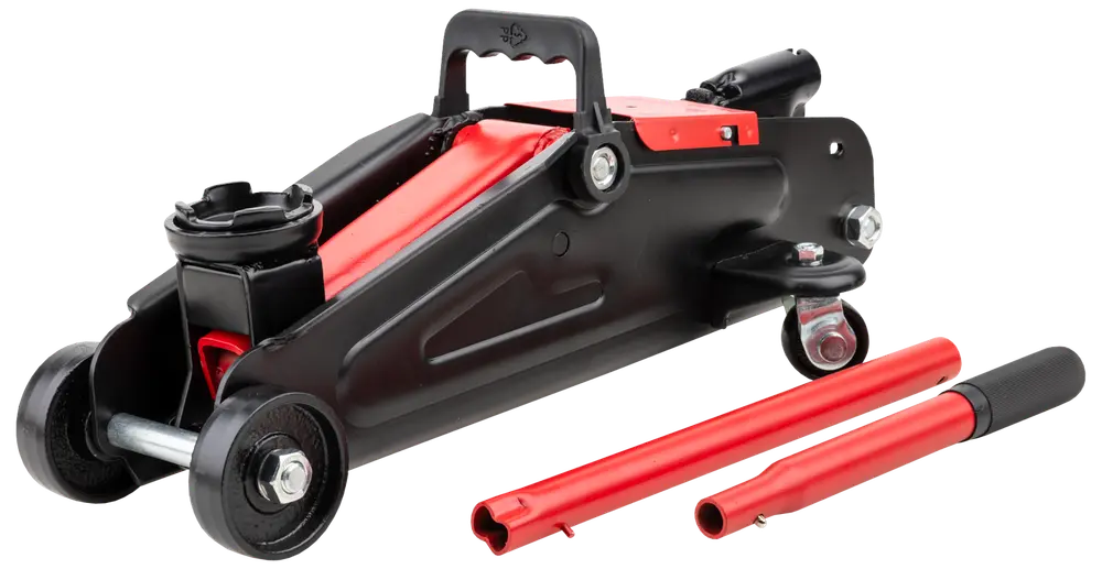 Robust hydraulisk donkraft med sort og rød stålkonstruktion, to store forhjul, drejelige baghjul, løfteplade og aftageligt håndtag til nem løftning og manøvrering af køretøjer.