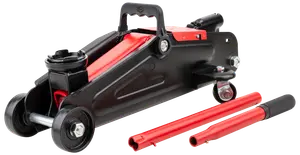 Robust hydraulisk donkraft med sort og rød stålkonstruktion, to store forhjul, drejelige baghjul, løfteplade og aftageligt håndtag til nem løftning og manøvrering af køretøjer.