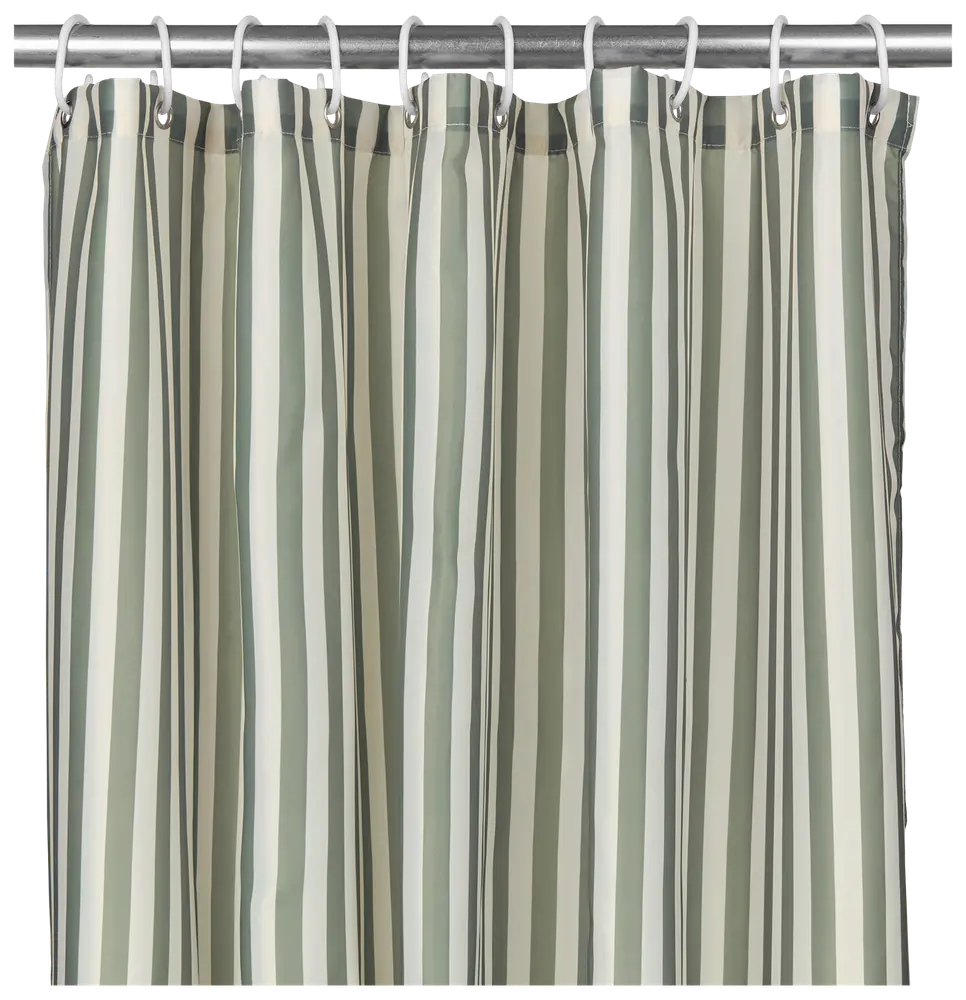 Bruseforhæng med lodrette grønne og hvide striber, vandafvisende stof, metaløjer til ophæng. Moderne design til badeværelset, giver privatliv og beskytter mod vandstænk.