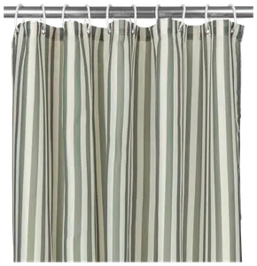 Bruseforhæng med lodrette grønne og hvide striber, vandafvisende stof, metaløjer til ophæng. Moderne design til badeværelset, giver privatliv og beskytter mod vandstænk.