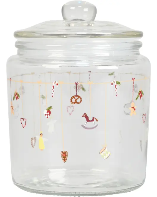 Klar glasbeholder med låg, dekoreret med festlige hængende ornamenter som hjerter, slikstokke, gyngehest, kringle, engel og honningkagemænd. Perfekt til opbevaring af småkager.
