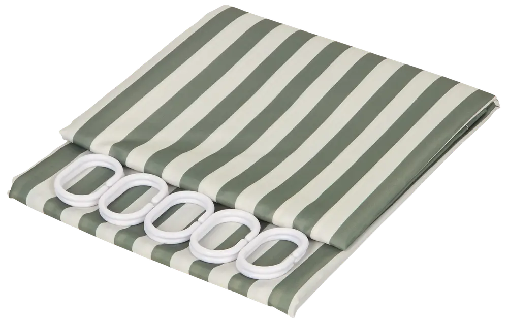 Grøn og hvidstribet badeforhæng, foldet, med fem hvide plastikhængere medfølger. Fremstillet af vandtæt materiale, egnet til badeværelset.