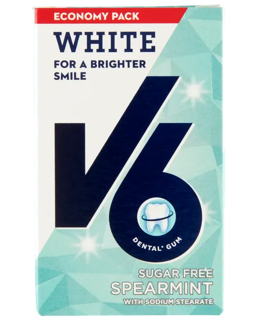 V6 White Dental Gum, økonomipakke, sukkerfri spearmintsmag, med natriumstearat for hvidere smil. Blå og hvid emballage med stort V6-logo og tandgrafik.