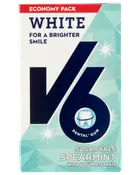 V6 White Dental Gum, økonomipakke, sukkerfri spearmintsmag, med natriumstearat for hvidere smil. Blå og hvid emballage med stort V6-logo og tandgrafik.
