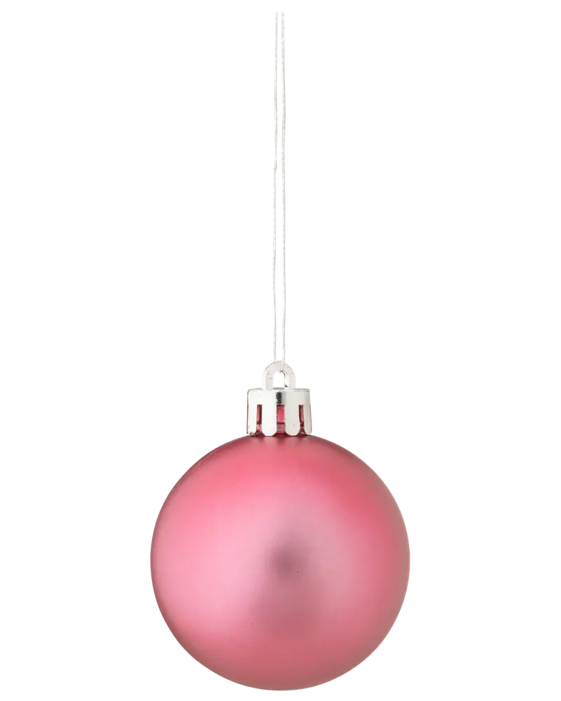 Matt rosa julgranskula med slät yta, silverfärgad topp och upphängningssnöre. Klassisk rund form, cirka 8 cm i diameter.