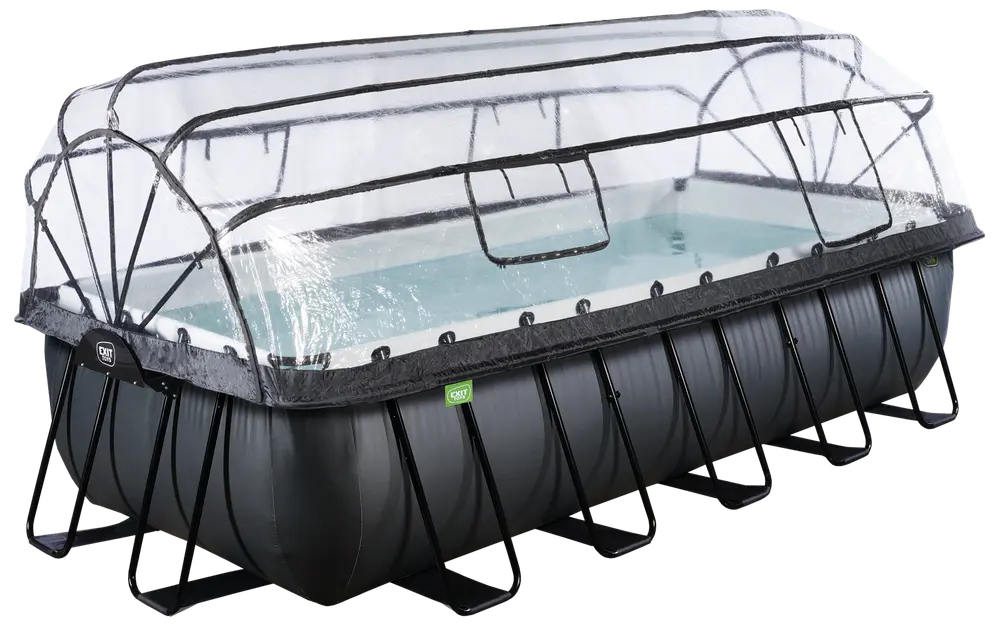 Rektangulær fritstående pool med solid sort ramme, gennemsigtigt kuppellåg og lynlåsåbning. Velegnet til udendørs brug, beskytter mod snavs og vejr. Passer til familier eller grupper.