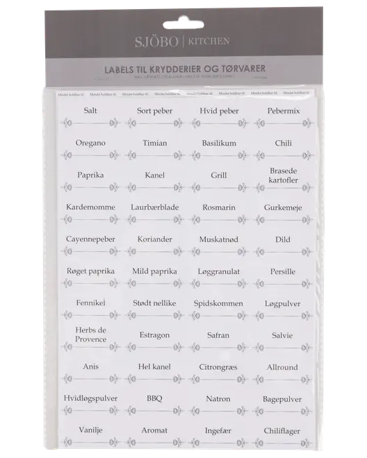 Ark med fortrykte køkkenlabels til krydderier og tørvarer med mange danske navne i et enkelt grå-hvidt design.