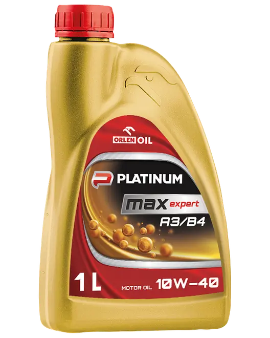 1 L gylden motorolieflaske med rød hætte, mærket ORLEN OIL Platinum Max Expert A3/B4, 10W-40.
