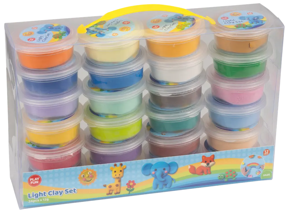 Sæt med 24 bøtter let ler i forskellige farver, pakket i en klar plastkasse med gult håndtag. Perfekt til kreativ leg og modellering. Hver bøtte har låg.