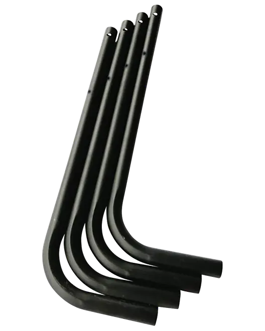 Sæt med fire sorte, L-formede metalbordben med forborede huller til montering. Holdbare og robuste, velegnet til gør-det-selv-møbler eller udskiftning. Moderne, minimalistisk design.