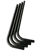 Fyra svarta, L-formade bordsben i metall med förborrade hål för montering. Hållbara och stadiga, passar DIY-möbelprojekt eller utbyte. Modern, minimalistisk design.