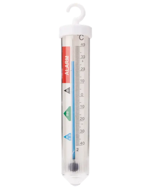 Hvid hængetermometer i klar plasttube med krog, Celsius-skala, alarmmærke og farvede kulde-/vejrsymboler.