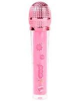 Lyserød glimmer-lipgloss i mikrofonformet beholder med metallisk pink låg, dekoreret med søde klistermærker og teksten 'love'. Sjov og legende emballage til børn eller teenagere.
