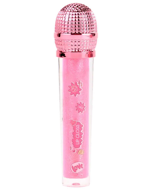 Lyserød glimmer-lipgloss i mikrofonformet beholder med metallisk pink låg, dekoreret med søde klistermærker og teksten 'love'. Sjov og legende emballage til børn eller teenagere.