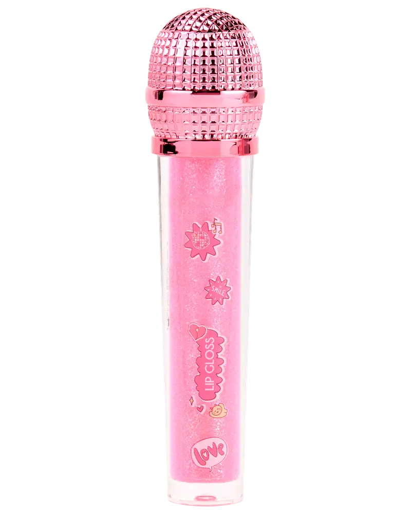 Lyserød glimmer-lipgloss i mikrofonformet beholder med metallisk pink låg, dekoreret med søde klistermærker og teksten 'love'. Sjov og legende emballage til børn eller teenagere.