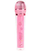 Rosa glittrigt läppglans i mikrofonformad tub med metallicrosa lock, dekorerad med söta klistermärken och ordet 'love'. Lekfull förpackning för barn eller tonåringar.