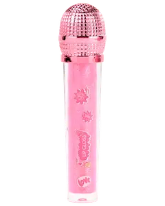 Lyserød glimmer-lipgloss i mikrofonformet beholder med metallisk pink låg, dekoreret med søde klistermærker og teksten 'love'. Sjov og legende emballage til børn eller teenagere.