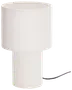 Moderne hvid bordlampe med cylindrisk base og skærm, begge med lodret rillet tekstur. Synlig ledning. Minimalistisk design, ideel til moderne indretning.