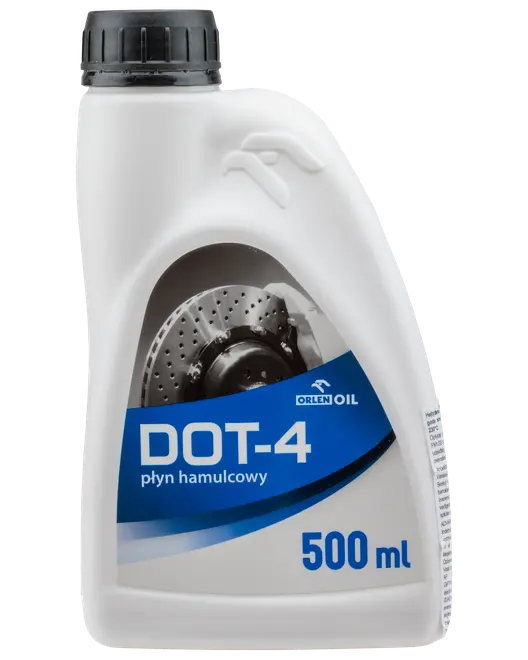 Hvid 500 ml plastflaske med Orlen Oil DOT-4 bremsevæske, sort skruelåg, blå etiket og billede af en bremseskive på forsiden.