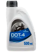 Hvid 500 ml plastflaske med Orlen Oil DOT-4 bremsevæske, sort skruelåg, blå etiket og billede af en bremseskive på forsiden.