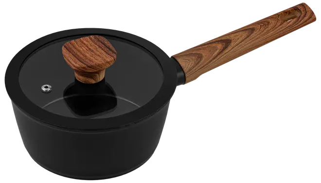 Sort gryde med glaslåg, træhåndtag og træknop. Låget har en dampeventil. Moderne design, velegnet til madlavning på komfur, ergonomisk trægreb for nem håndtering.