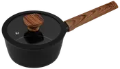 Sort gryde med glaslåg, træhåndtag og træknop. Låget har en dampeventil. Moderne design, velegnet til madlavning på komfur, ergonomisk trægreb for nem håndtering.